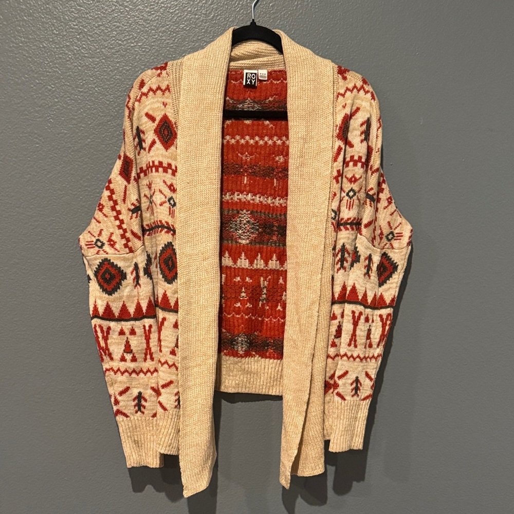 Roxy Beige and Red Patterned Cardigan